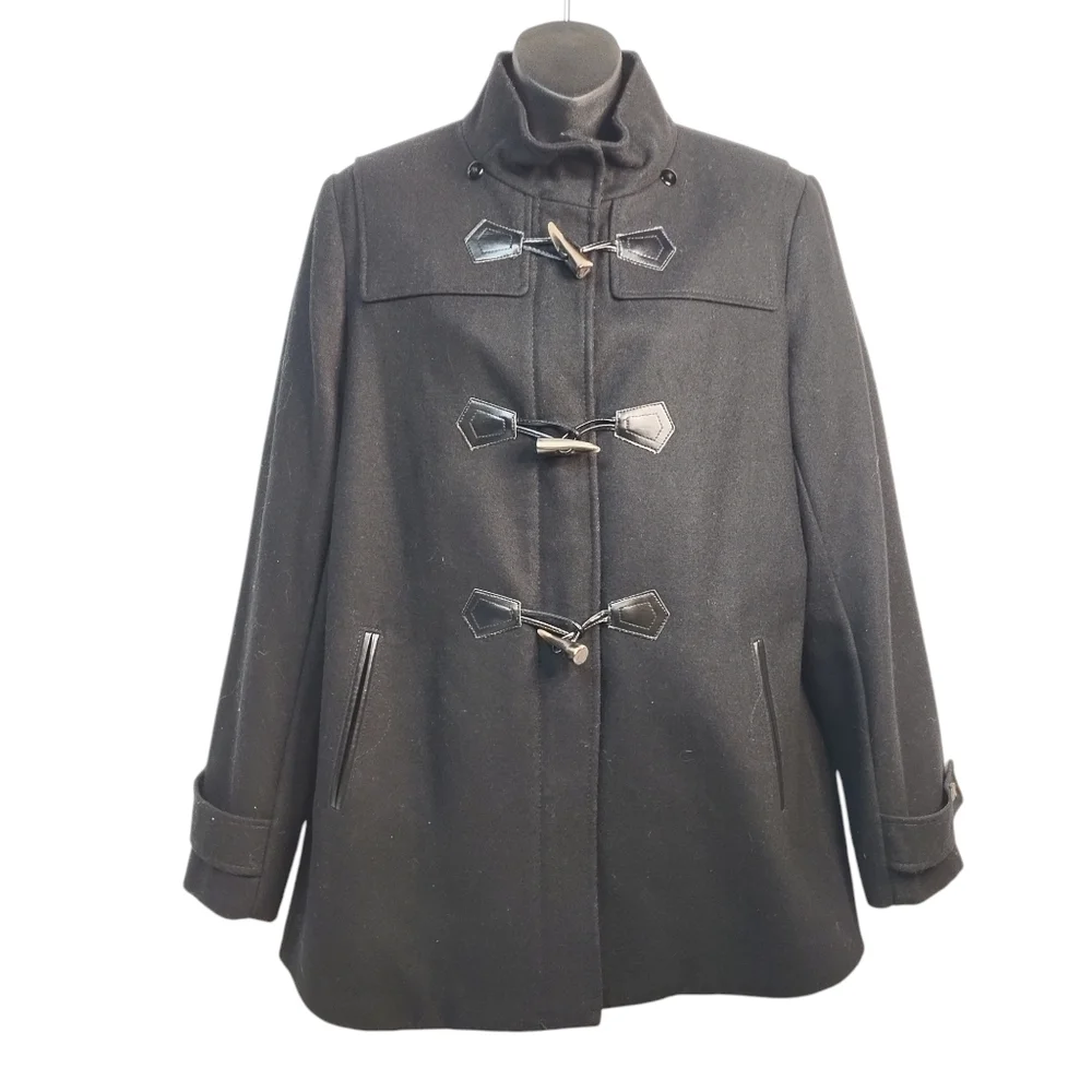 Liz Claiborne Pea Coat Women's Black Wool Blend Zipper/Button Pea Coat Size L - Picture 1 of 11
